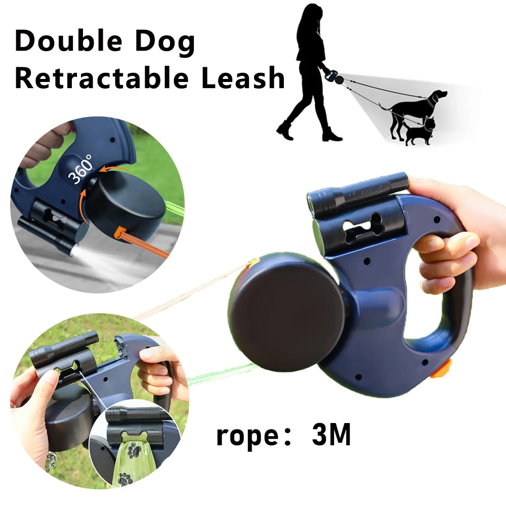 Retractable Dual Doggie Leash with LED Light, 360 Swivel No Tangle for Each Dog Independent Braking with 3M Reflective Leads