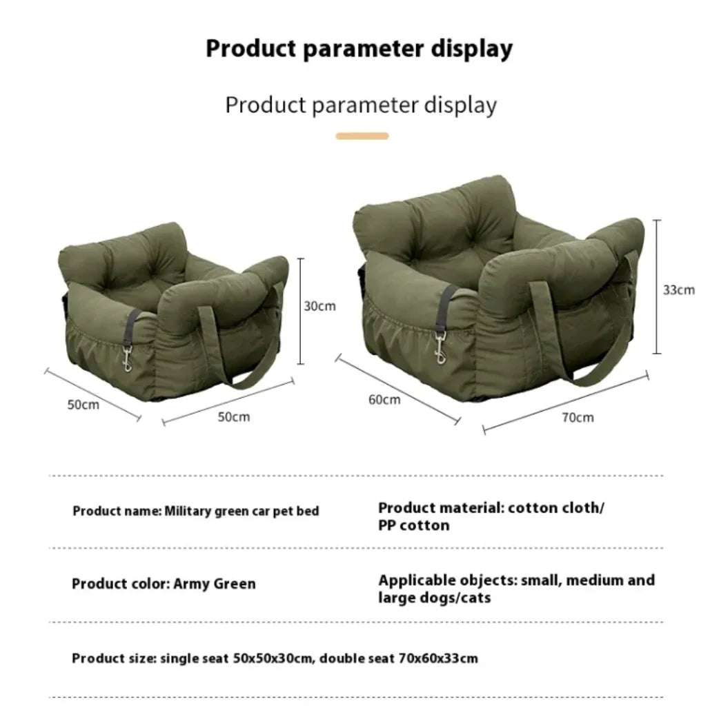 Green pet car seat with dimensions and product details on a white background