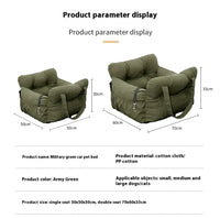 Green pet car seat with dimensions and product details on a white background